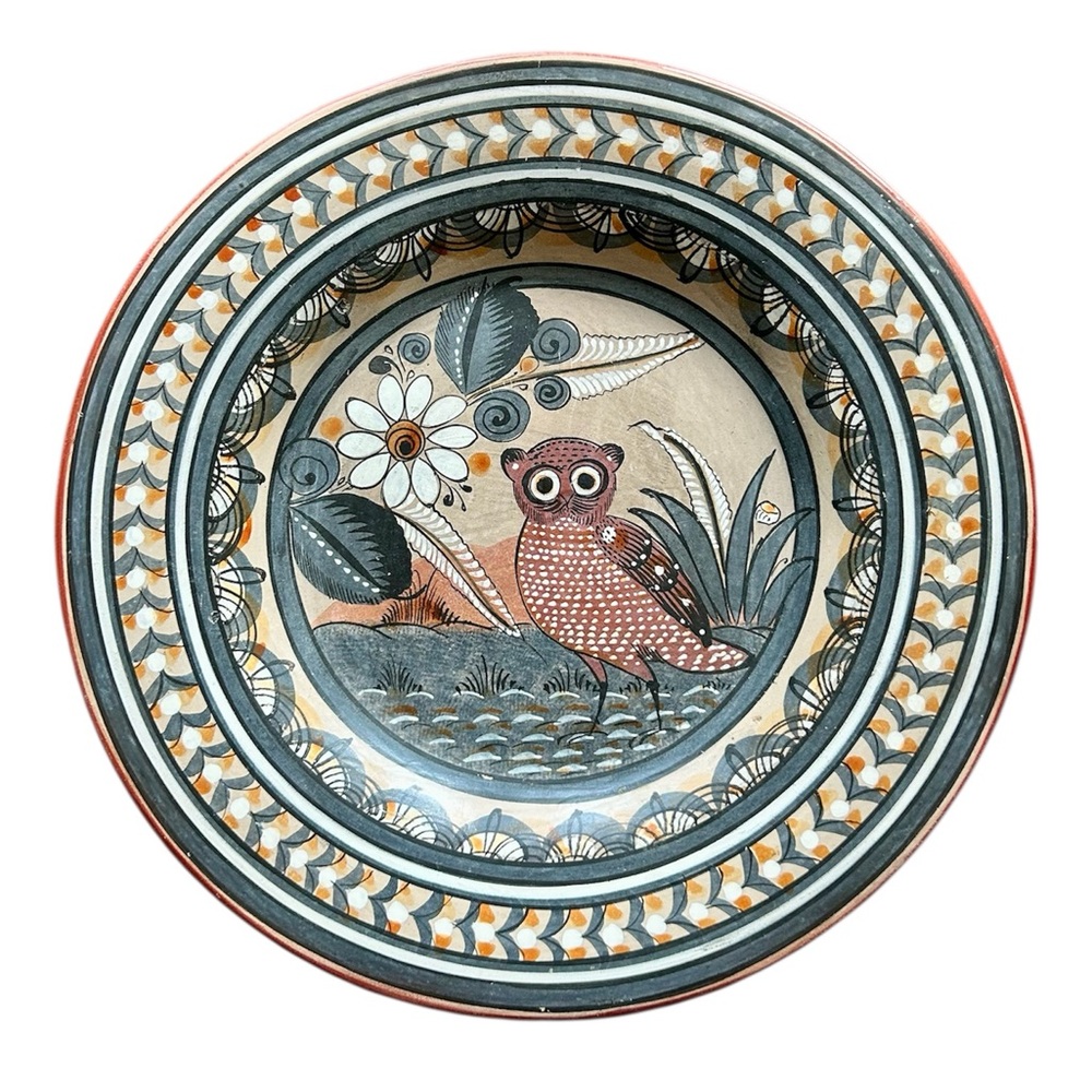 Hand Painted Vintage Mexican Pottery Plate Hanging w/ Owl 11.5in